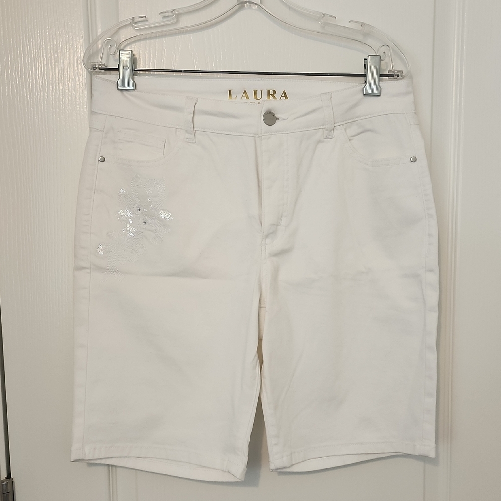 White Bermuda Denim Shorts with Classic Tailored Look